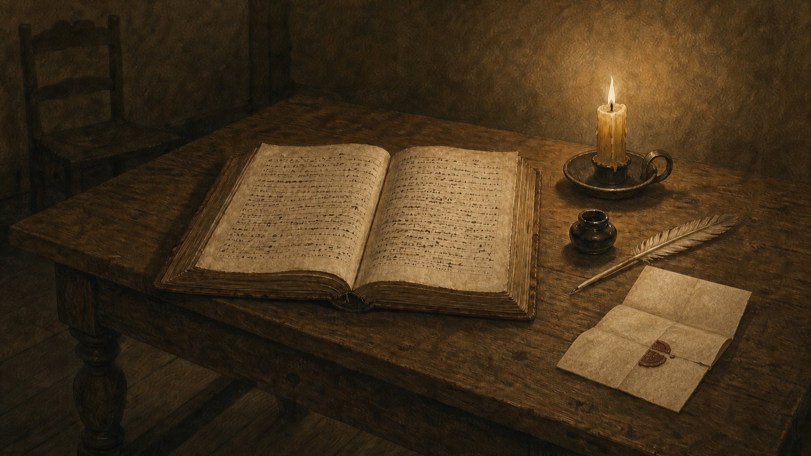 A parish register lying open on a table by candlelight.